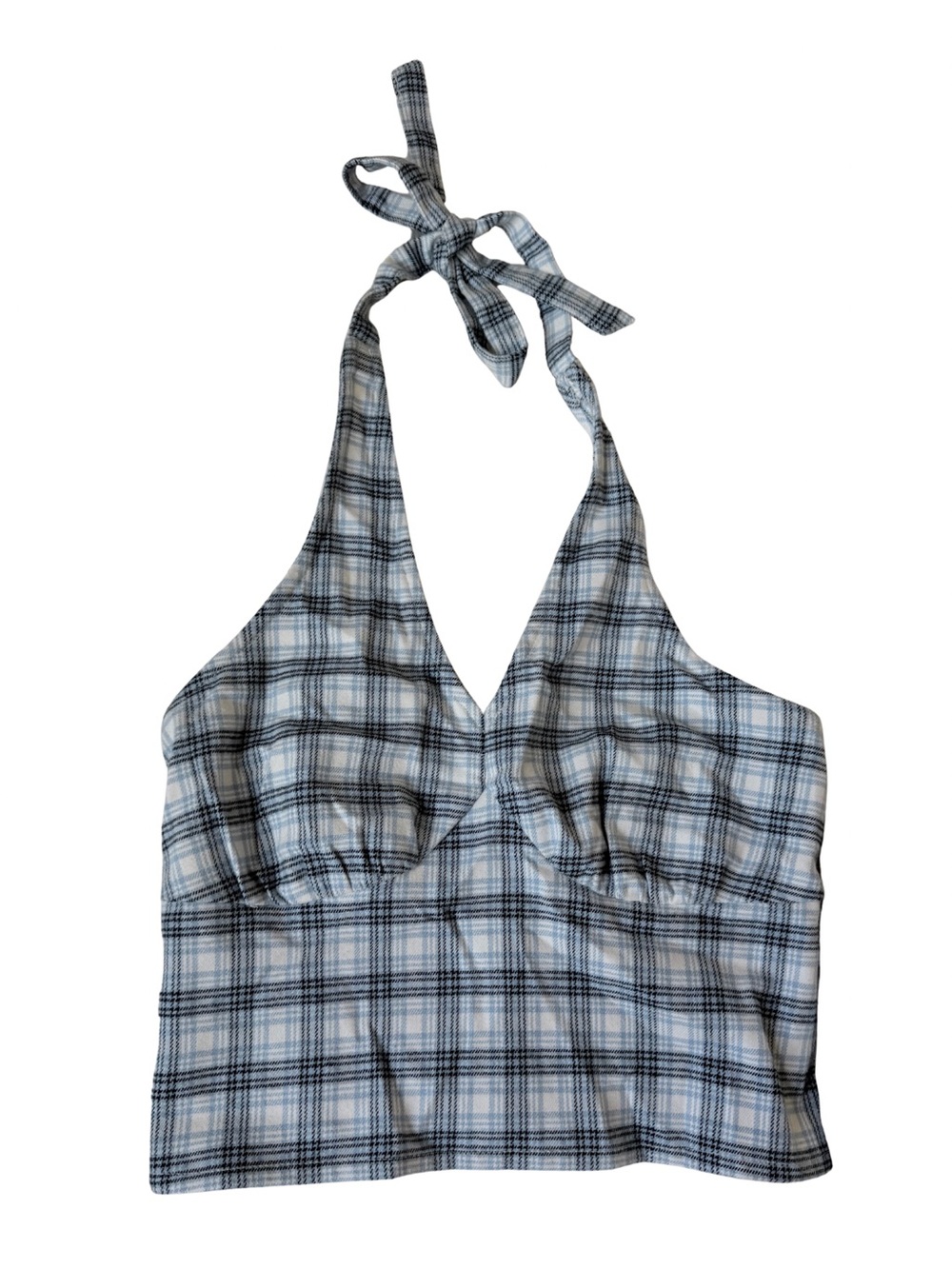 Plaid Halter Crop Top - Grey/Blue
